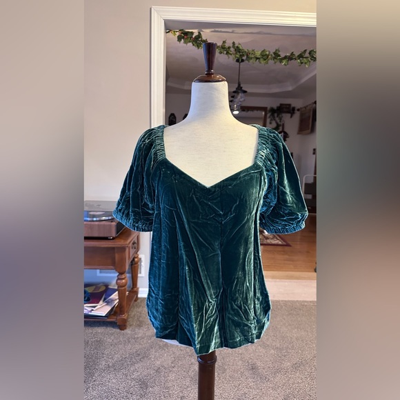 LOFT Deep Teal Faux Velvet Puff Sleeve Renaissance Faire Blouse - Picture 7 of 7
